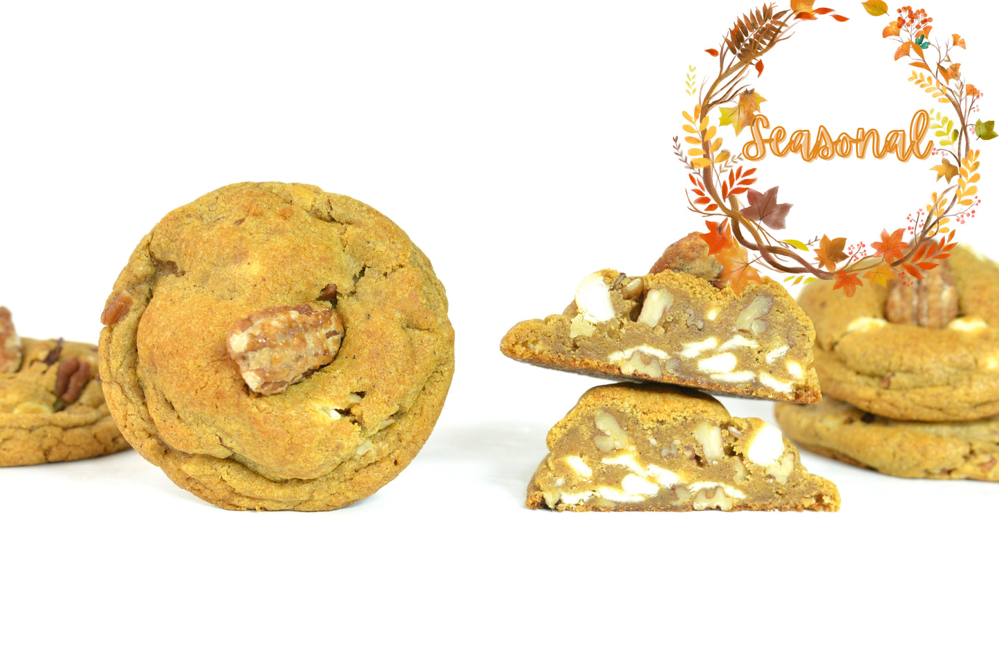 Pumpkin Spice Cookies. Enjoy the warm and comforting taste of pumpkin spice, paired with the satisfying crunch of buttery pecans and decadent white chocolate in our seasonal cookies.
